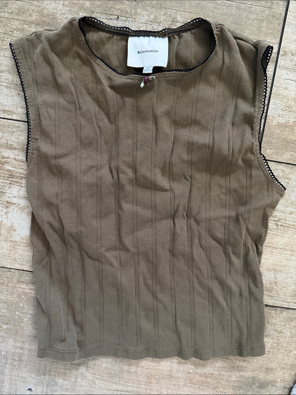 Reformation Olive Green Sleeveless Ribbed Tank with Contrast Trim
